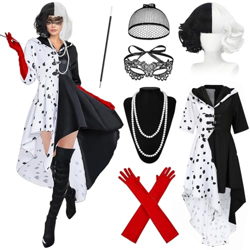 Cruella Deville Kostüm,Cruella Kostüm Damen,Schwarzer und Weißer Dalmatiner Fleck Kleid,Halloween Damen,Karneval Halloween Party Verkleidung,für Karneval,Fasching,Mottoparty von DAZZTIME