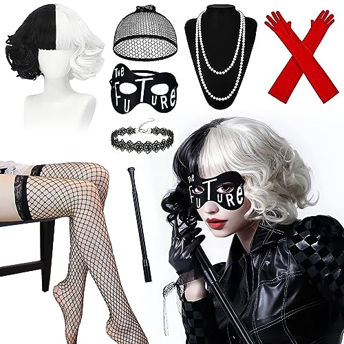 Cruella Kostüm Damen,Halloween Kostüm Damen,70er Jahre Accessoires,Kurze Schwarze und Weiße Perücke mit Damen Spitze Maske,Netzstrümpfe Damen,Handschuhe Halskette Set,für Fasching von DAZZTIME