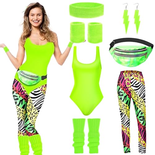 80er Jahre Outfit für Damen - Workout Kostüm Mit Bauchtasche, Stirnband, Beinwärmer - Accessoires für 90er Jahre, Karneval, Halloween, Mottoparty, Fasching von DAZZTIME