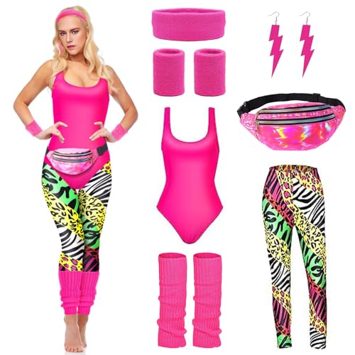 DAZZTIME 80er Jahre Outfit Damen,Damen 80er Jahre Workout Kostüm,80er Jahre Accessoires,mit Bauchtasche,Stirnband, Beinwärmer,90er Jahre Outfit Damen,für Karneval und Halloween Partie von DAZZTIME