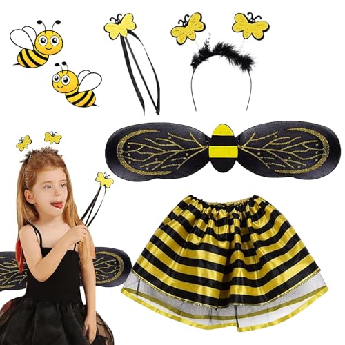 DAZZTIME Bienenkostüm Kinder,4 Stück Bienen Kostüm,Bienen Kostüm für Kinder,Mit Bienen Flügel,Haarreif,Zauberstab,Tüllrock,Feenkostüm Kinder Mädchen,für Karneval,Halloween,Fasching,Mottoparty. von DAZZTIME