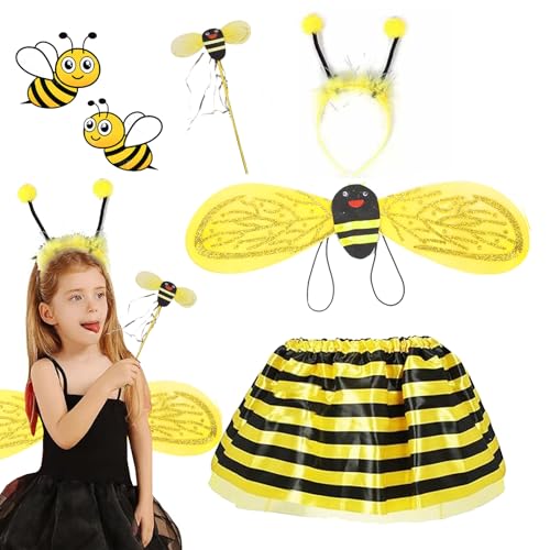 DAZZTIME Bienenkostüm Kinder,4 Stück Bienen Kostüm,Bienen Kostüm für Kinder,Mit Bienen Flügel,Haarreif,Zauberstab,Tüllrock,Kinderkostüm für Mädchen Halloween Karneval Fasching Mottoparty. von DAZZTIME