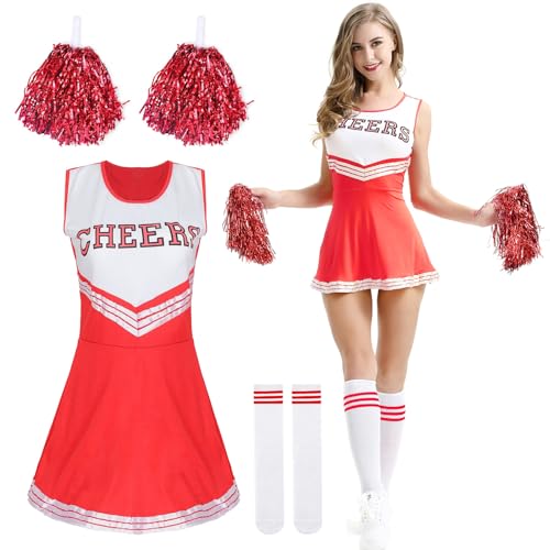 DAZZTIME Cheerleader Kostüm Damen,Kostüm Cheerleader,Cheerleadering Outfit Mädchen,Kostüme für Erwachsene,Cheer Outfit Fasching Party Halloween Kostüm Kleid mit Pompoms Socken,Karneval,Mottoparty. von DAZZTIME