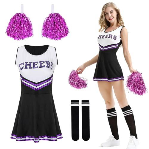 DAZZTIME Cheerleader Kostüm Damen,Kostüm Cheerleader,Cheerleadering Outfit Mädchen,Kostüme für Erwachsene,Cheer Outfit Fasching Party Halloween Kostüm Kleid mit Pompoms Socken,Karneval,Mottoparty. von DAZZTIME