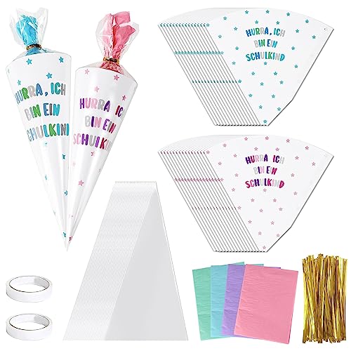 DAZZTIME Gastgeschenk Einschulung,32 Stück Geschwisterschultüte,Zuckertüte 26cm,Kleine Schultüte,Schultüte zur Einschulung,Geschwistertüte zum Schulkind Geschenk für Mädchen und Jungen von DAZZTIME
