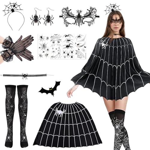 DAZZTIME Halloween Kostüm,Halloween Umhang,Schwarzer Umhang,Spinnen Kostüm,Spinnenumhang,Spinnennetz Poncho,Spinnennetz Kleid,Spinnenkostüm,für Karneval,Fasching,Mottoparty,Weihnachten von DAZZTIME