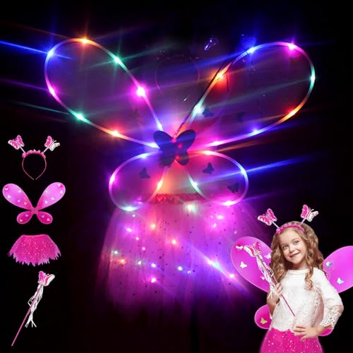 DAZZTIME LED Feenflügel Leuchtende,4 Pcs Feenkostüm Kinder,mit Feenflügel,Kinder Tutu Rock,Haarreif,Schmetterling Kostüm Damen,Glitzernde Schiere Flügel für Karneval,Fasching,Mottoparty,Halloween von DAZZTIME