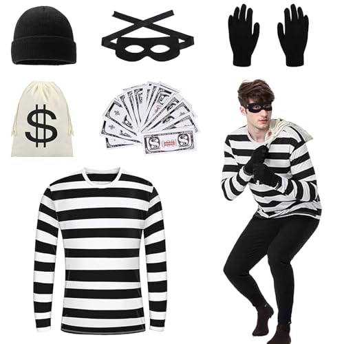 DAZZTIME Räuber Kostüm,Einbrecher Kostüm,Bankräuber Kostüm für Erwachsener, Räuber Kostüm Set,Halloween Kostümset für Räuber für Erwachsene,T-Shirt,Mütze,Handschuhen,für Karneval,Fasching,Mottoparty DAZZTIME Räuber Kostüm,Einbrecher Kostüm,Bankräuber Kostüm für Erwachsener, Räuber Kostüm Set,Halloween Kostümset für Räuber für Erwachsene,T-Shirt,Mütze,Handschuhen,für Karneval,Fasching,Mottoparty von DAZZTIME