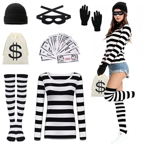 DAZZTIME Damen Räuber Kostüm, Bankräuber Kostüm, Erwachsene, Damen - Erwachsene, Halloween Kostümset für Räuber, T-Shirt, Mütze, Handschuhen, Karneval, Fasching, Mottoparty DAZZTIME Damen Räuber Kostüm, Bankräuber Kostüm, Erwachsene, Damen - Erwachsene, Halloween Kostümset für Räuber, T-Shirt, Mütze, Handschuhen, Karneval, Fasching, Mottoparty von DAZZTIME