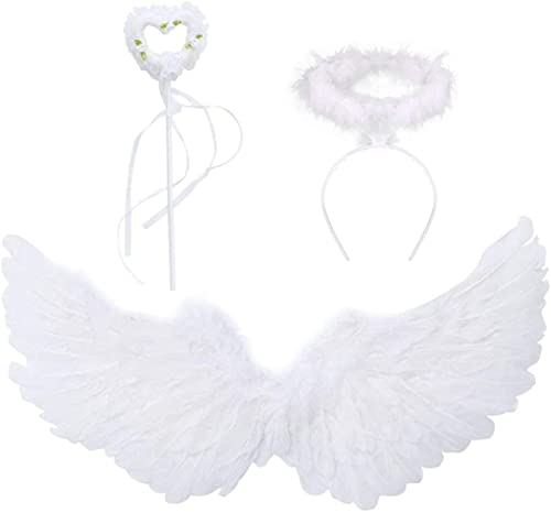 DAZZTIME Engel Flügel 60CM,Weiße Engelsflügel Deko mit heiligenschein und Zauberstab,Engels flügel Kostüm,für Karneval,Fasching,Mottoparty,Kostümparty Verkleidung. von DAZZTIME