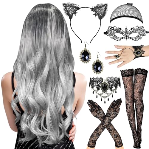 Perücke Halloween Damen,Grau Lange Wellte Lockige Haare 70cm,Perücke Frauen Kostüm Set,Ohrring,Armbänder,Augenmasken,Halsketten,Handschuhe,Haarband,Strümpfe,Karneval,Fasching,Mottoparty. von DAZZTIME
