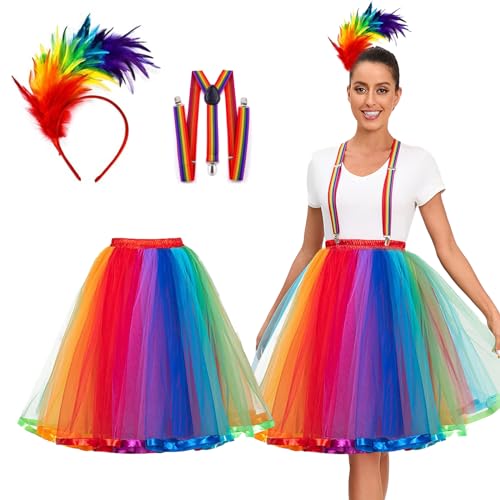 Regenbogen Tüllrock Damen mit Riemen, Bunt Feder Stirnband, Tütü für Karneval, Halloween, Fasching, Mottoparty von DAZZTIME