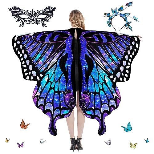 Schmetterling Umhang Damen,Damen Schmetterling Kostüm Umhang mit Schmetterling Haarreif,Schmetterlingsflügel,Damen Spitze Maske Bunter Schmetterling Umhang,für Halloween Fasching Party Cosplay von DAZZTIME