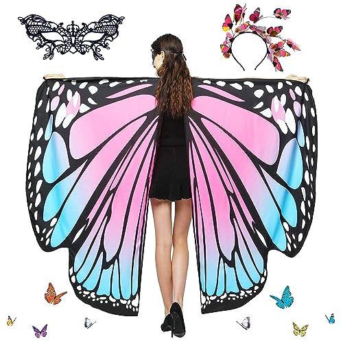 Schmetterling Umhang Damen,Damen Schmetterling Kostüm Umhang mit Schmetterling Haarreif,Schmetterlingsflügel,Damen Spitze Maske Bunter Schmetterling Umhang,für Halloween Fasching Party Cosplay von DAZZTIME