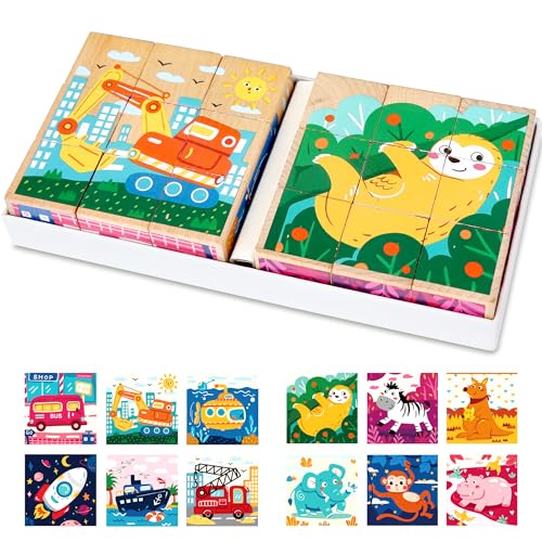 DBPBToU Würfelpuzzle Holzpuzzle Bildwürfel für 2 3 4 Jahren, 2 Stück 6 in 1 Montessori Holzpuzzle, Montessori Holzspielzeug Lernspiele für Baby Junge Mädchen (Tiere+Verkehr) von DBPBToU