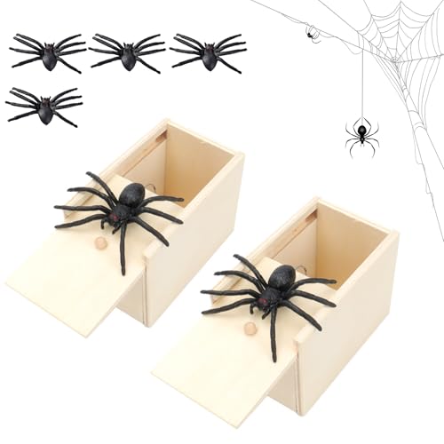 DBTW 2 Stück Prank Scherzartikel Spinne, Holz Streich Spinne, 4 Stück Kunststoff Spinnen Dekoration, Holz Prank Spider, Scherzartikel für Halloween Streich, Spinne in Box für Kinder Erwachsene Party von DBTW