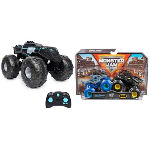 DC Batman All-Terrain Batmobile, ferngesteuertes Amphibienfahrzeug & Monster Jam - Original Zweier-Pack mit dem Batmobil vs. Megalodon - authentischen Monster Trucks im Maßstab 1:64 von DC Comics