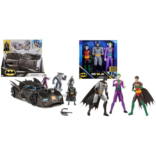 DC Comics Batman Offroad Batmobile Mit Fanghaken-Katapult, Gitter-Zelle & 30cm Figuren-Set: Robin, Joker, Inkl. Stoffumhang, Original Comic-Design von DC Comics
