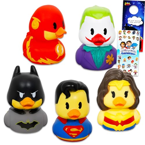 Justice League Duckaloos Collection Set - Bundle mit 5 Gummienten Minifiguren für Kinder, Erwachsene mit Superman, Joker, Flash, Wonder Woman, Batman Plus Stickern, mehr | Sammlerstück Duckalooz von DC Comics