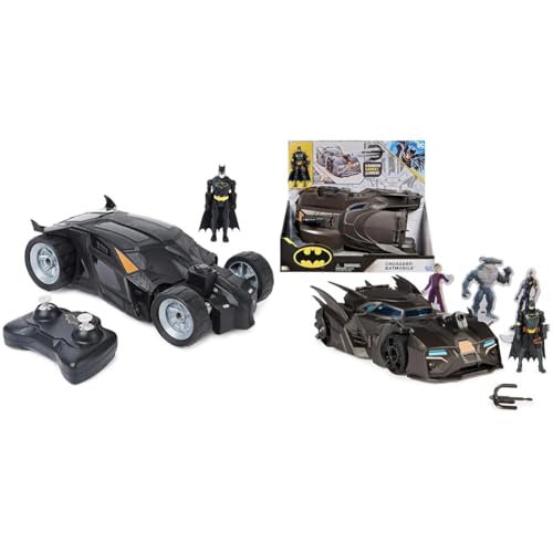 Spin Master - Batman Batmobile mit Fernsteuerung (2 & Spin Master - Batman Offroad Batmobile mit Fanghaken-Katapult und Gitter-Zelle im Heck, inkl. 10-cm Batman Figur, für Superheldenfans ab 4 Jahren von DC