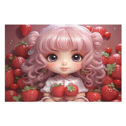 Erdbeere Mädchen 1000 Teile Puzzles Für Erwachsene, Impossible Puzzle, Geschicklichkeitsspiel Für Die Ganze Familie, Kinder Holzpuzzle （75×50cm） von DCCCY