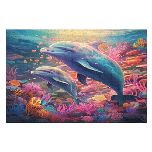 Holzpuzzles 1000 Teile Delphin -Puzzle Für Jungen Und Mädchen, Schwierigkeitsgrad, Lernspiele, Familienspielzeug （75×50cm） von DCCCY