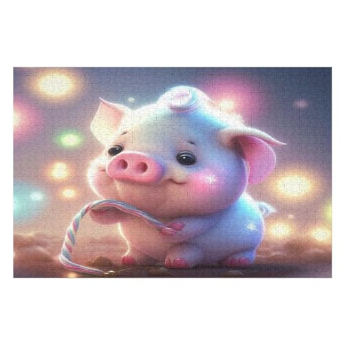 Süßes Schwein Holzpuzzle 1000 Teile, Knobelspiele Für Erwachsene, Teenager, Puzzles Unmögliche - Kinder Puzzle Zimmer Deko （75×50cm） von DCCCY