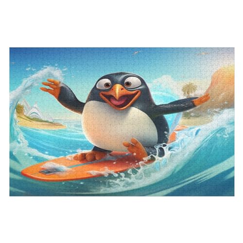 Surfen Pinguin Puzzle 1000 Teile, Holzpuzzle Herausforderndes Geschicklichkeitsspiel Für Die Ganze Familie, Kinder Erwachsenenpuzzle Ab 12 Jahren （75×50cm） von DCCCY