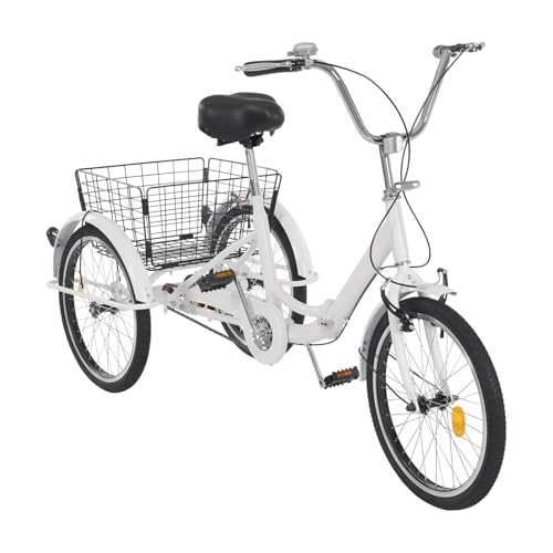 20 Zoll Dreirad für Erwachsene, 3-Rad-Fahrrad mit Einkaufskorb, Fahrrad mit Einkaufskorb Cargo-Bike für Erwachsene Senioren und Frauen,Höhenverstellbar (Weiß) von DCSYOG