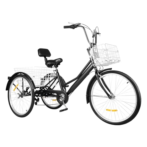 Dreirad für Erwachsene 24 Zoll, 7 Gänge 3 Rad Fahrrad mit Einkaufskorb Tricycle für Erwachsene und Senioren, Schwarz Schaltung Dreirad für Erholung, Einkaufen, Picknicks von DCSYOG