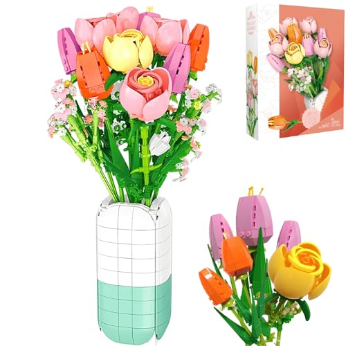 DCjmnn Blumenstrauß Bauset, 1011 Teile Tulpen Kamelie mit Vase Topfpflanzen-Kit, kreatives Geschenk für Kinder und Erwachsene, DIY Kreative Künstliche Blumen Bausätze von DCjmnn