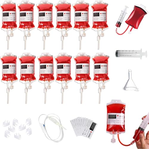 Halloween Blutbeutel Set, 12 Stück, 350cc Getränkebeutel, Wiederverwendbare Transfusionsbeutel mit Zubehör, Rot Halloween Blutbeutel Set, 12 Stück, 350cc Getränkebeutel, Wiederverwendbare Transfusionsbeutel mit Zubehör, Rot von DDFF