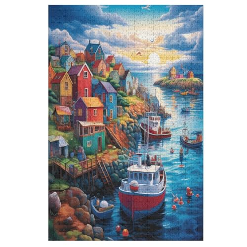 Holzpuzzles 1000 Teile Coucher de Soleil sur le Port -Puzzle Für Jungen Und Mädchen, Schwierigkeitsgrad, Lernspiele, Familienspielzeug （78×53cm） von DDFRTYY
