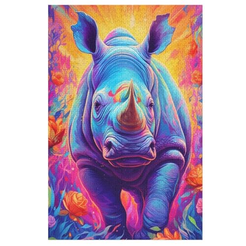 Neon Rhinozeros Puzzle 1000 Teile, Holzpuzzle Herausforderndes Geschicklichkeitsspiel Für Die Ganze Familie, Kinder Erwachsenenpuzzle Ab 12 Jahren （78×53cm） von DDGAAGG