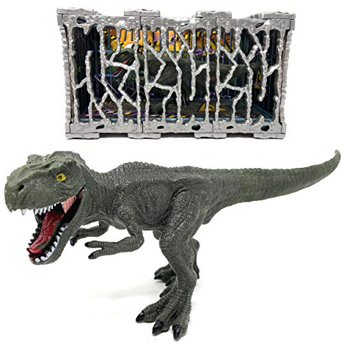 AMLI Trex Indominus Rex Dinosaurier im Käfig - Riesiger Dino mit beweglichem Mund | XXL Jurassic Spielzeug T-Rex Raptor Figur | Toy Spielfigur Beißender Velociraptor (Grün) von AMLI