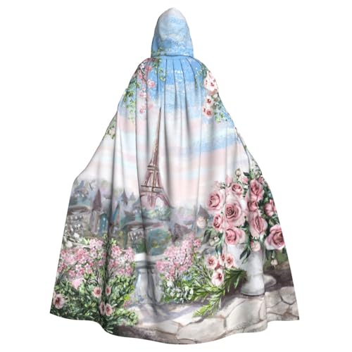 DDSFvbv Paris Eiffelturm mit Blumen, Unisex, Halloween-Kapuzenumhang, Cosplay-Kostüm, Umhang für Party, Verkleidung, Uniform, Robe, volle Länge von DDSFvbv