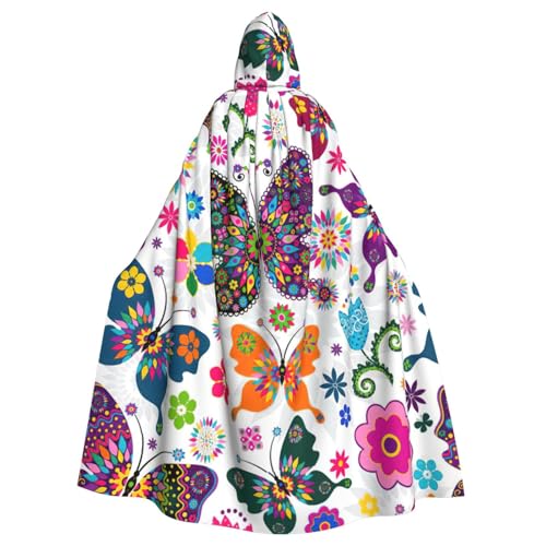 DDSFvbv Umhang mit bunten Schmetterlingen und Blumen, Unisex, Halloween, mit Kapuze, Cosplay-Kostüm, Umhang für Partys, Uniform-Bademantel, volle Länge von DDSFvbv
