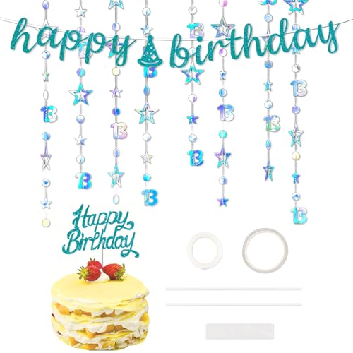 13 Geburtstag Deko Mädchen Junge, 2 Stück 3m Hängende Iridescent Sterne Garland, Schillerndes Blaues 13. Happy Birthday-Banner, Kuchendeko für Geburtstag, Twinkle Star Girlande Hanging Streamer von DEARBAG