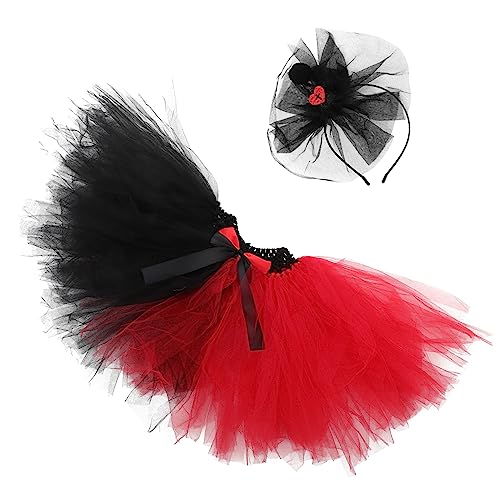 DEARMAMY Halloween Kostüm Für Erwachsene Damen Schwarz/rot Netzrock Stirnband Partykleid von DEARMAMY