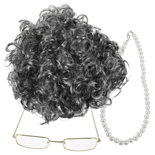 DEARMAMY 1 Satz Oma Perücke Oma-Brille Großmutter-Rollenspiel-Requisiten Halloween Kleidung Costume de Halloween Brillenkette für alte Damen Großmutter Cosplay Requisiten Oma-Kostüm p Seide von DEARMAMY