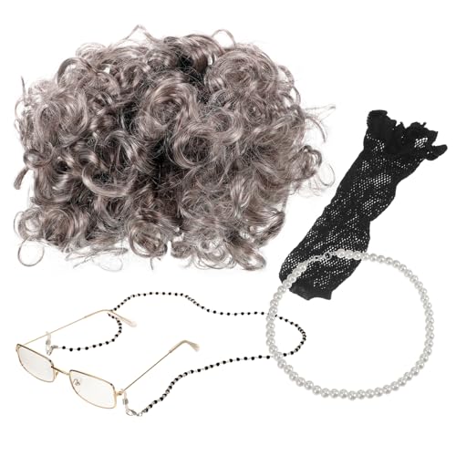 DEARMAMY 1 Satz Oma Perücke Set Oma Geburtstag Wunderland Brillenkette Dame Kostüm Für Erwachsene Halter Kostüme Outfit Person Oma-Brille Lockenwickler Kahle Kappe Für Großmutter Plastik von DEARMAMY