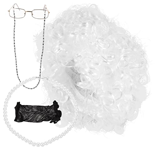 DEARMAMY 1 Set Alte Dame Perücke Cosplay Kit Oma Rolle Spielen Requisiten Set Brille Halskette Für Geburtstag Party von DEARMAMY