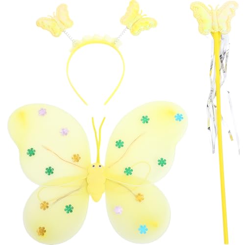 DEARMAMY 1 Satz Schmetterlinge Feenflügel Schmetterlingsfeenflügel igelkostümkinder butterfly costume Schmetterlings-Stirnband, Flügelstab Engelsflügel Feenstab Stoff Yellow von DEARMAMY
