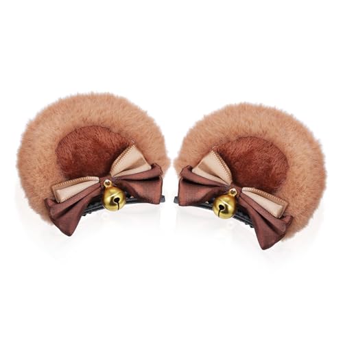 DEARMAMY 2 Paare Bärenohren Haarspangen mit Schleife Kawaii Cosplay Haarklammern Niedliche Kopfbedeckung für Party Halloween Weihnachten Stilvolle Accessoires Warmem Kamelbraun von DEARMAMY