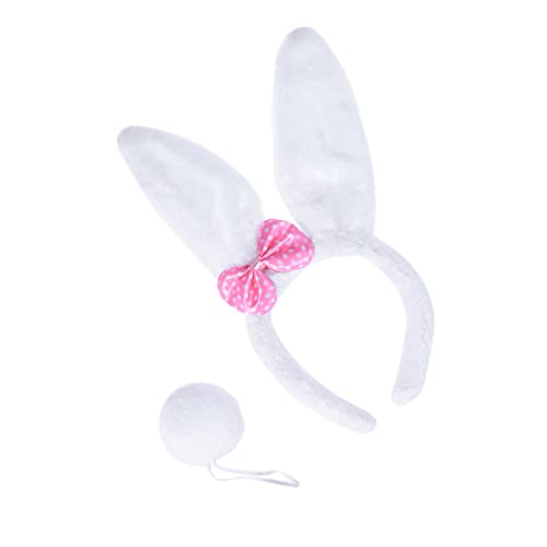 DEARMAMY 2 Satz Hasenohren Haarreif Set mit Plüsch Schleife und Kaninchen Junge Mädchen Stirnband Kostüm Zubehör für Ostern Karneval Geburtstag Cosplay Einheitsgröße Weiß von DEARMAMY