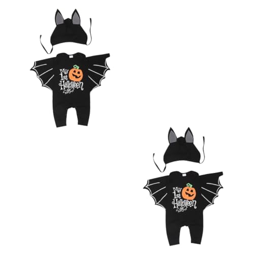 DEARMAMY 2 Sets Halloween Fledermaus Verbundener Haremsanzug Babyanzug Mütze Wimpel Outfit Unterhemd Kleinkind Kostüme Mädchen Frühgeborene Spucktücher Clippers Bodysuit Windeln Stoff von DEARMAMY