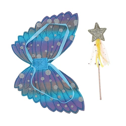 DEARMAMY 2 Stück Flügel Kostüm mit Zauberstab für Karneval und Cosplay Events Blau mit Goldener Fee Wand für Auftritte und Fotos von DEARMAMY