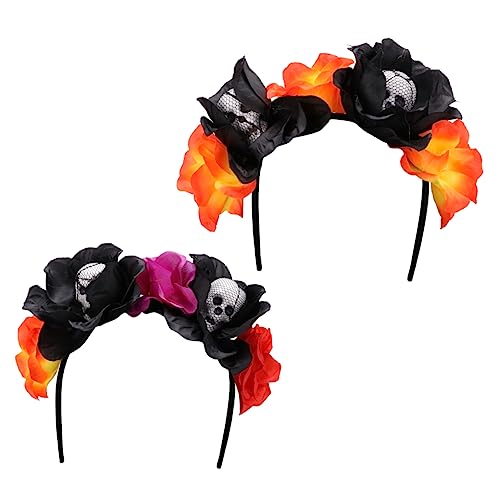 DEARMAMY 2 Stück Halloween Haarreif Damen mit Schwarzen Orangen und Roten Blumen und Schädeldesign Gruseliges Masquerade Halloween Kopfschmuck für Kostümfest Party Cosplay und von DEARMAMY