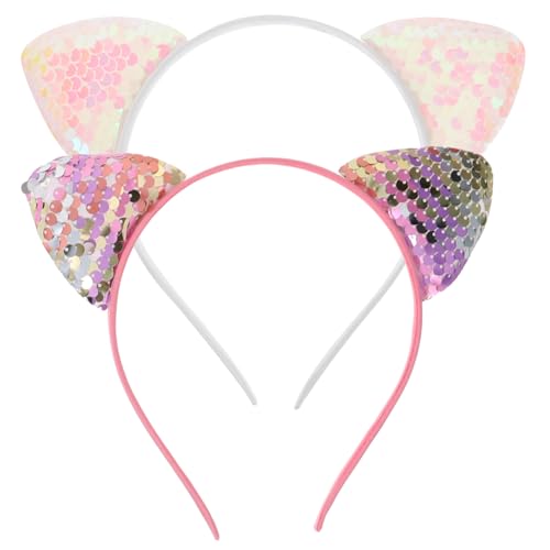 DEARMAMY 2Stücke Pailletten Katzenohr Haarreifen Lustige Haarschmuck für Karneval Festival Cosplay als Party Zubehör Weiß von DEARMAMY