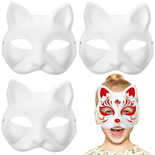 DEARMAMY 3 Stück Katzenmaske zum Selbermachen Weiße Papiermaske aus Zellstoff Leere Maske Handbemalte Gesichtsmaske zum Selbermachen Unbemalte Maskerade-Maske Halloween-Maske für Kinder von DEARMAMY